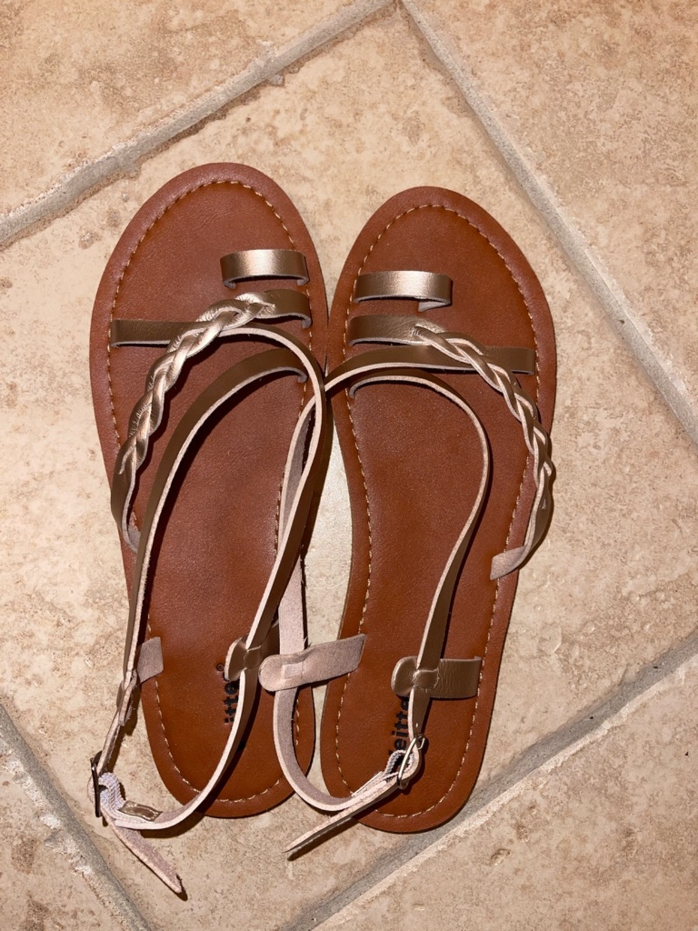 Braided Metallic Strap Sandals in Gold and Tan